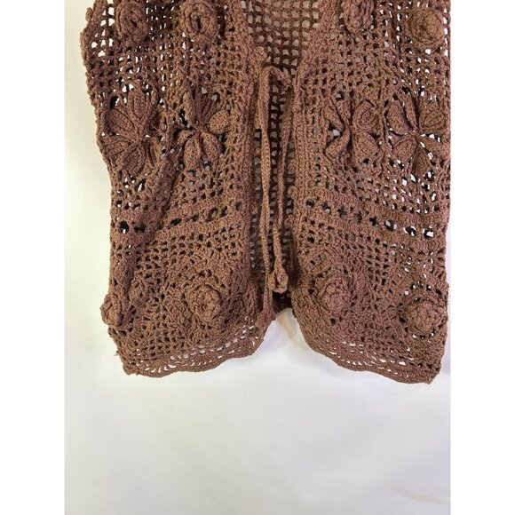 VTG 90s Hand Knit Crochet Floral Vest Shirt Boho Rave Coastal - Picture 2 of 8